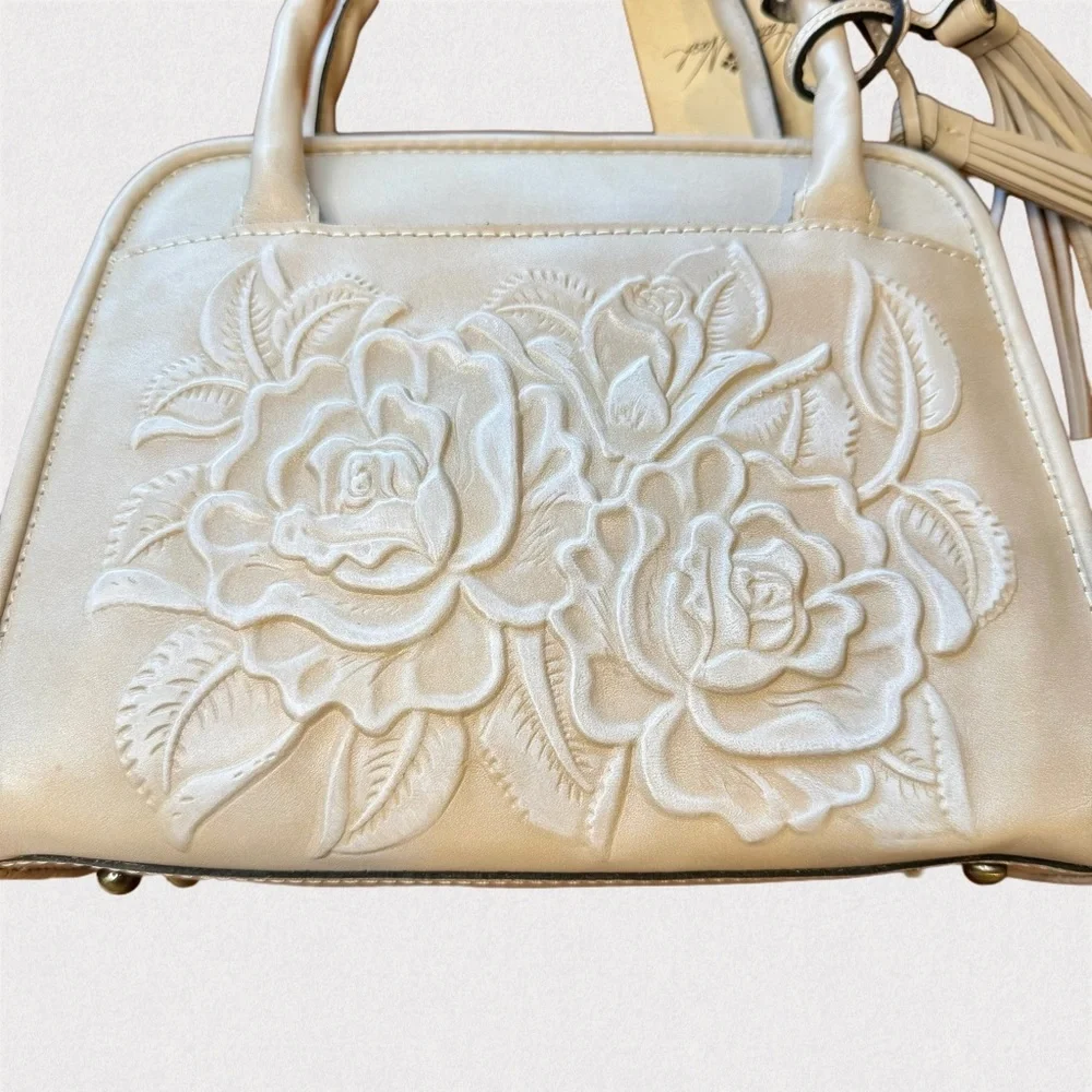 Patricia Nash Genovese Tooled Leather Top Handle Crossbody Chalk White EUC